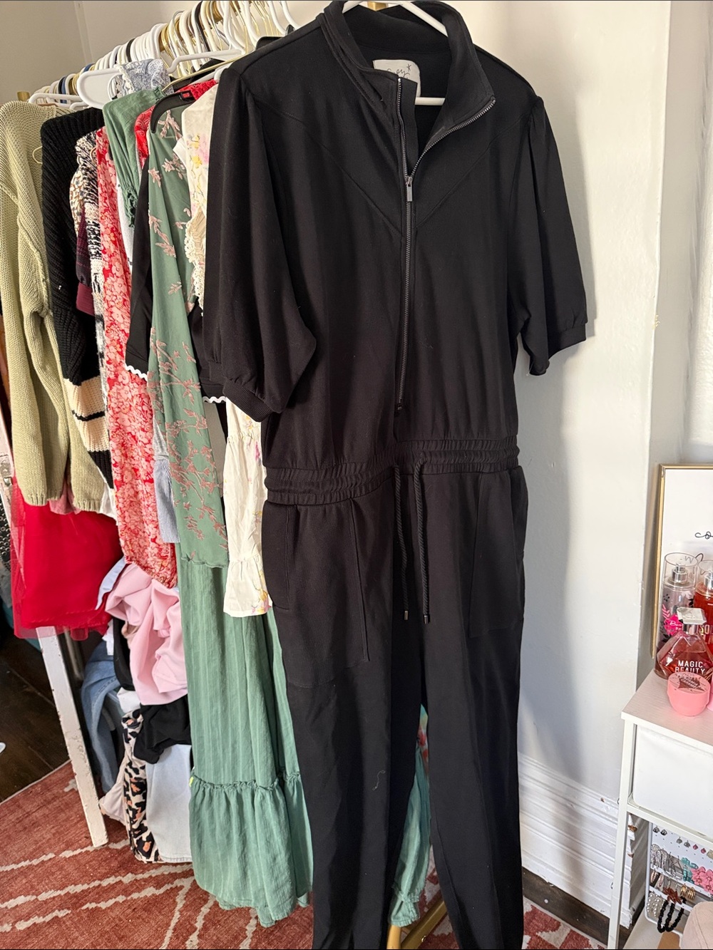 Grey State Black Short-Sleeve Zip-Front Jumpsuit with Drawstring Waist